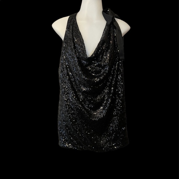 Jennifer Lopez Tops - Sleeveless black sequin w silk bow ribbon at neck line. Size XL